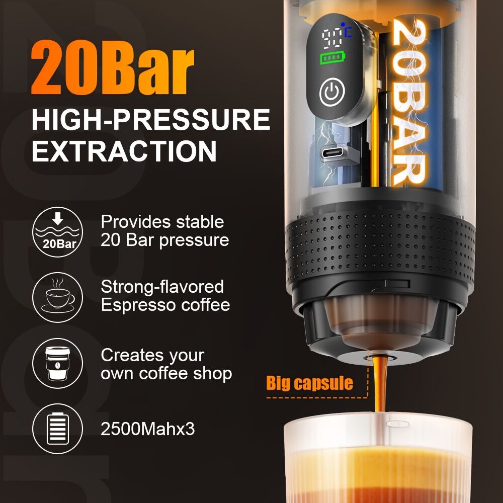 BLACK Upgraded Portable Coffee Maker with Temperature and Power Display, USB-C Charging, Self-Heating & Cold Brew Functions, Compatible with Coffee Capsules/Ground Coffee. Perfect Espresso Machine for Caravans/Travelling