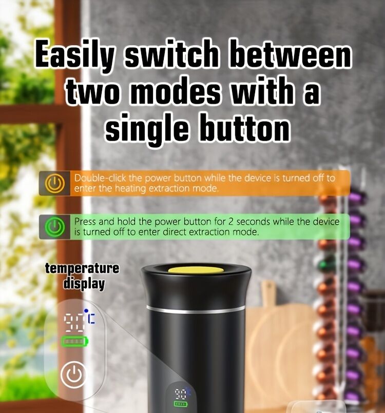 BLACK Upgraded Portable Coffee Maker with Temperature and Power Display, USB-C Charging, Self-Heating & Cold Brew Functions, Compatible with Coffee Capsules/Ground Coffee. Perfect Espresso Machine for Caravans/Travelling