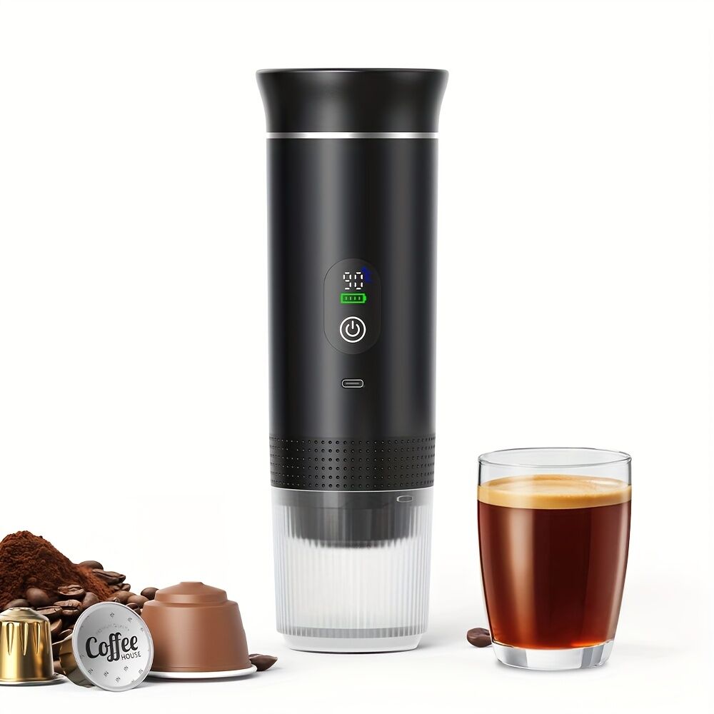 BLACK Upgraded Portable Coffee Maker with Temperature and Power Display, USB-C Charging, Self-Heating & Cold Brew Functions, Compatible with Coffee Capsules/Ground Coffee. Perfect Espresso Machine for Caravans/Travelling