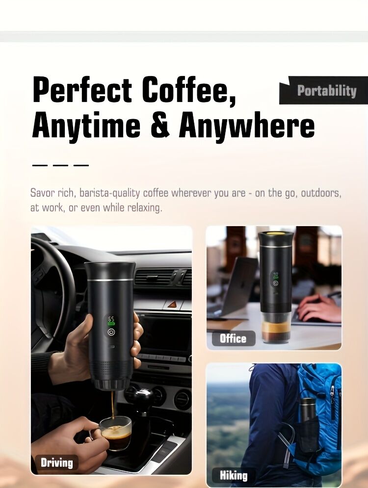 BLACK Upgraded Portable Coffee Maker with Temperature and Power Display, USB-C Charging, Self-Heating & Cold Brew Functions, Compatible with Coffee Capsules/Ground Coffee. Perfect Espresso Machine for Caravans/Travelling