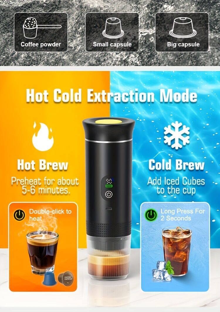 BLACK Upgraded Portable Coffee Maker with Temperature and Power Display, USB-C Charging, Self-Heating & Cold Brew Functions, Compatible with Coffee Capsules/Ground Coffee. Perfect Espresso Machine for Caravans/Travelling