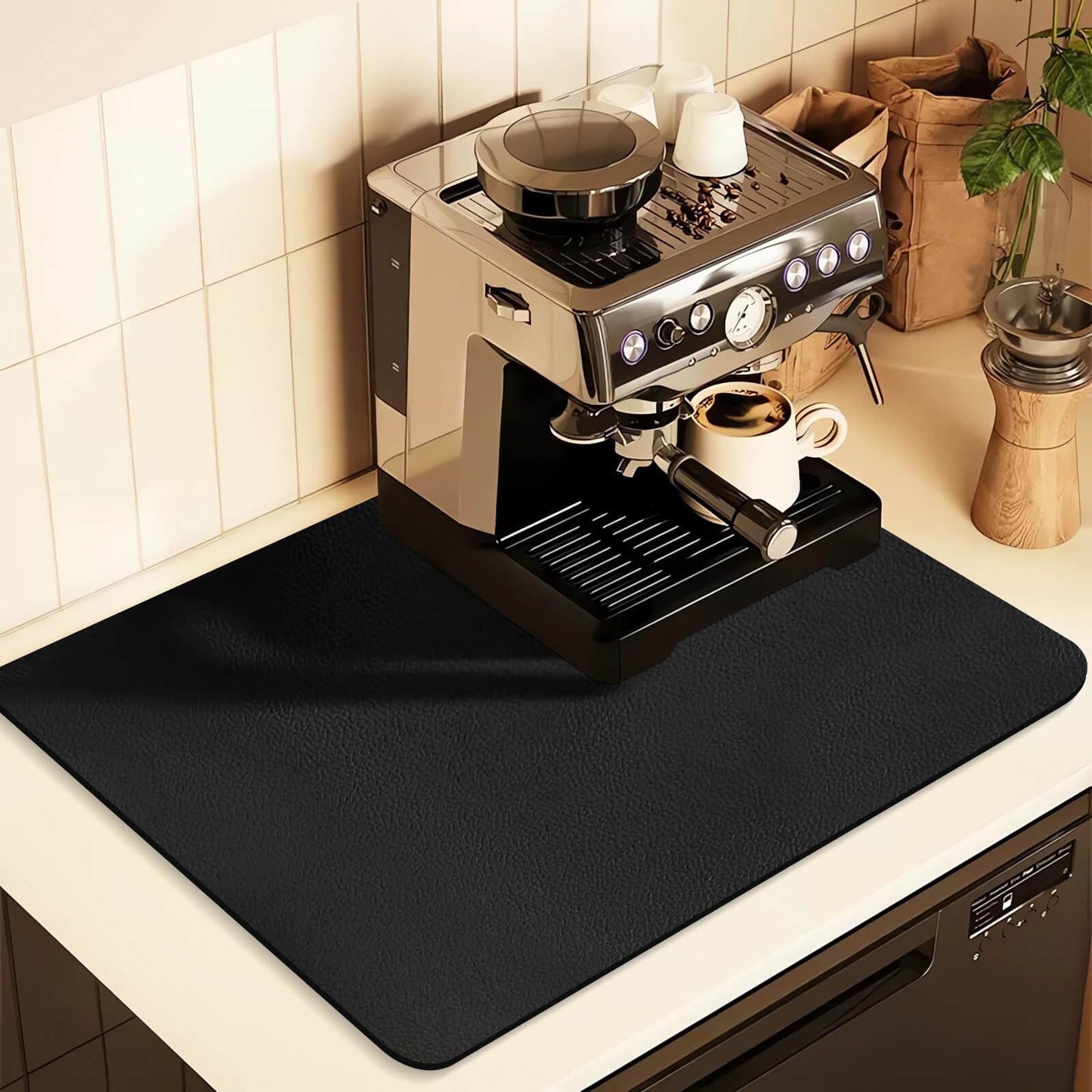 Kitchen Counter Mat for Coffee Maker – Absorbent & Quick-Dry Bar Pad with Non-Slip Backing, Protective Surface for Espresso Machine, Dish Drying Mat (Black,40*50cm)
