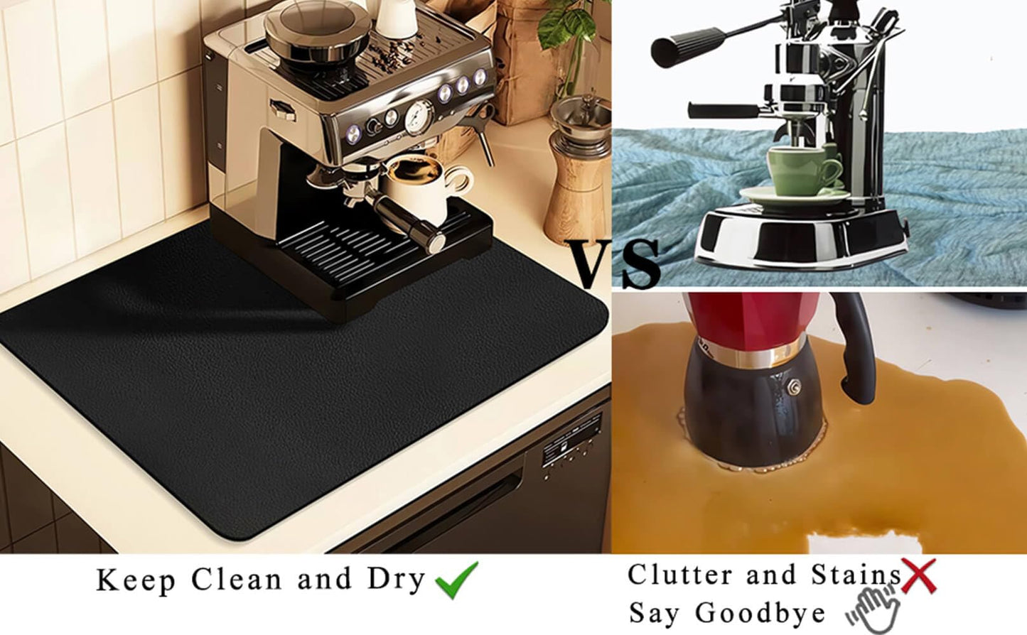 Kitchen Counter Mat for Coffee Maker – Absorbent & Quick-Dry Bar Pad with Non-Slip Backing, Protective Surface for Espresso Machine, Dish Drying Mat (Black,50*60cm)