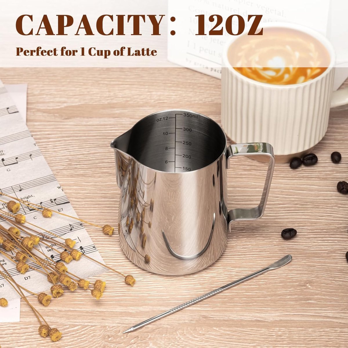 Milk Frothing Cup - 350ml Milk Frothing Cup - Clear Markings - Cappuccino Espresso Machine Accessory Made of Stainless Steel 304 - Suitable for Barista Coffee Shops - With Latte Art Pen - Silver