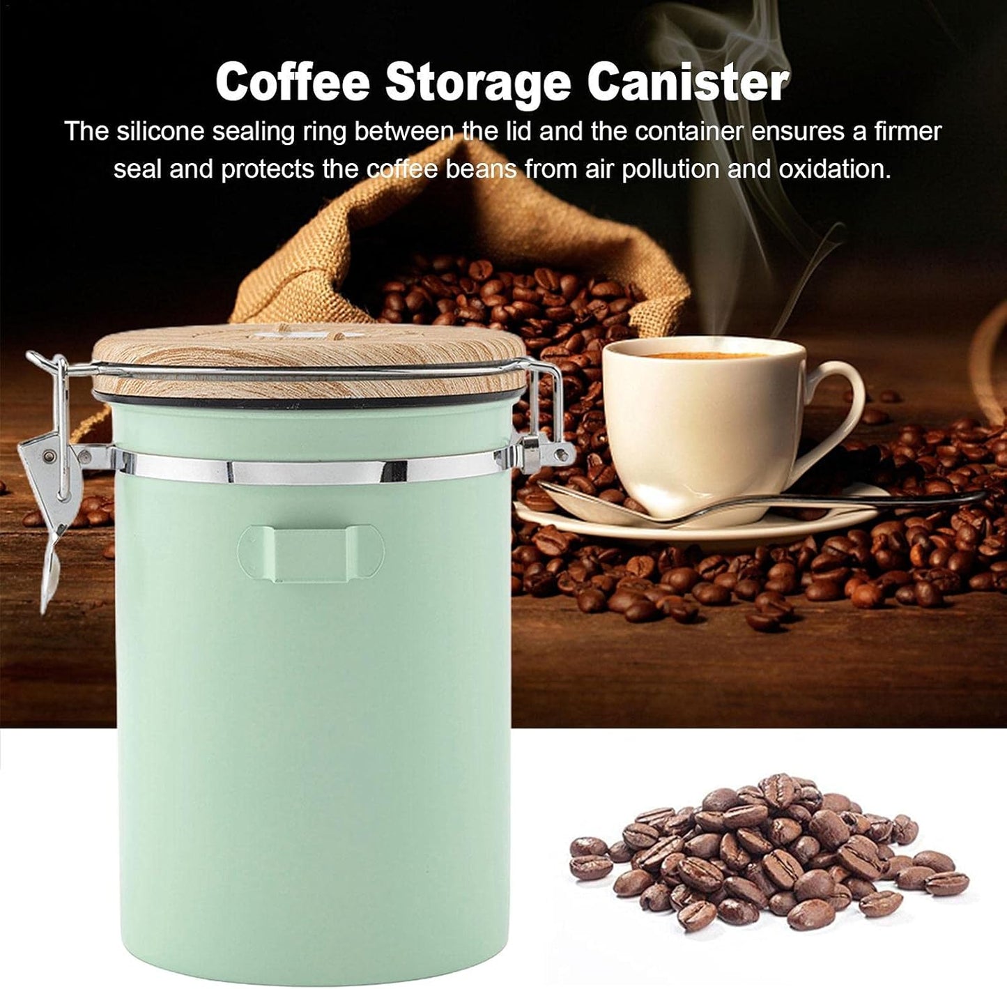 (Green) Coffee Container - Coffee Jar - 1.8L - Coffee Container Storage Jar - Coffee Container - Airtight Coffee Container with CO2 Valve - green green
