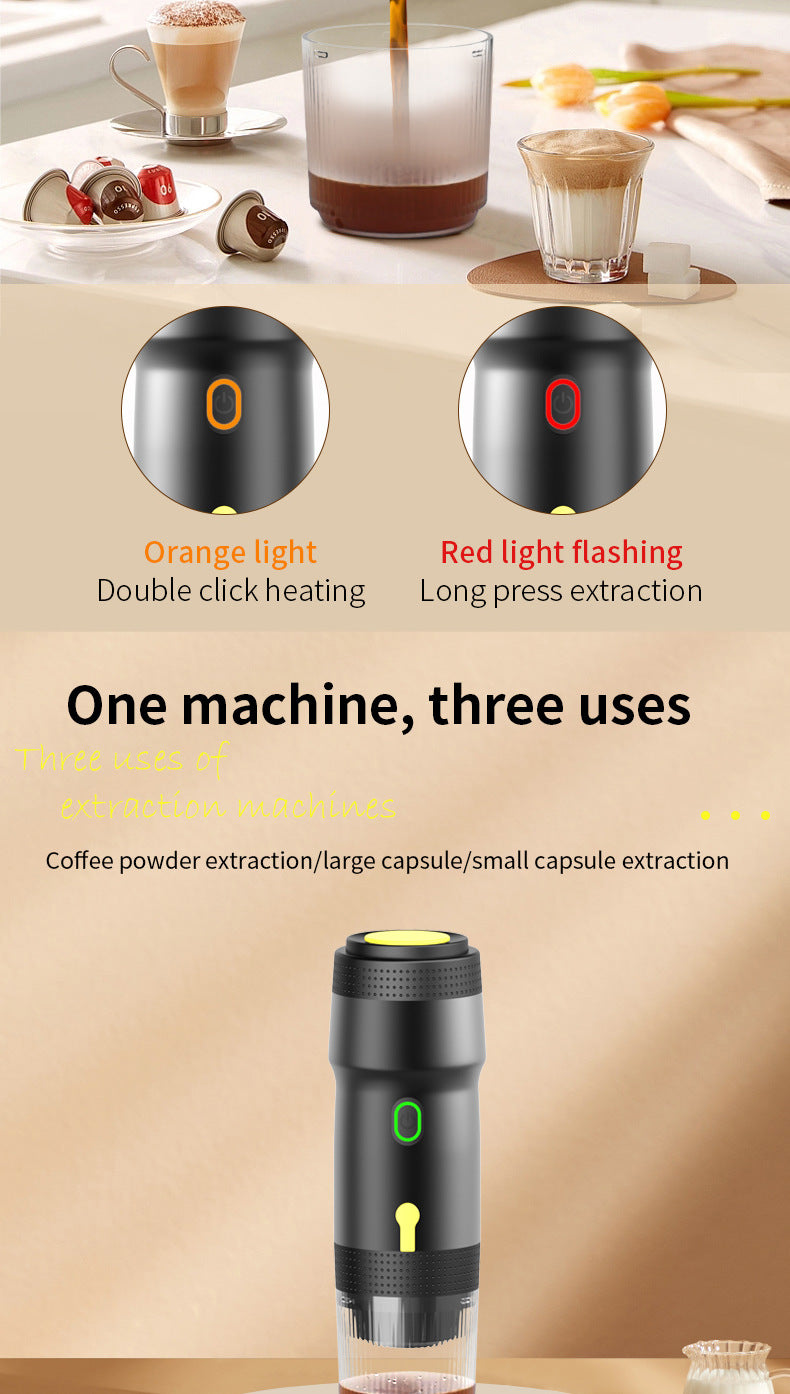 Black 3-in-1 Portable Electric Espresso Maker - Rechargeable Travel Coffee Machine for Capsules & Ground Coffee