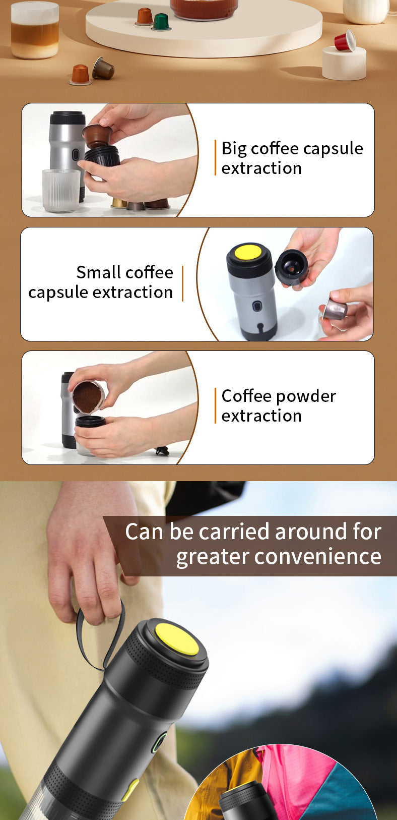 Black 3-in-1 Portable Electric Espresso Maker - Rechargeable Travel Coffee Machine for Capsules & Ground Coffee