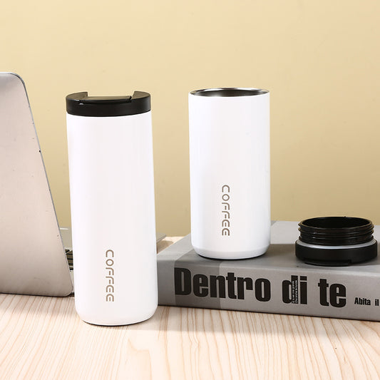 White Sleek Insulated Stainless Steel Coffee Tumbler Set (400ml & 500ml) - One-Touch Lid Travel Mugs