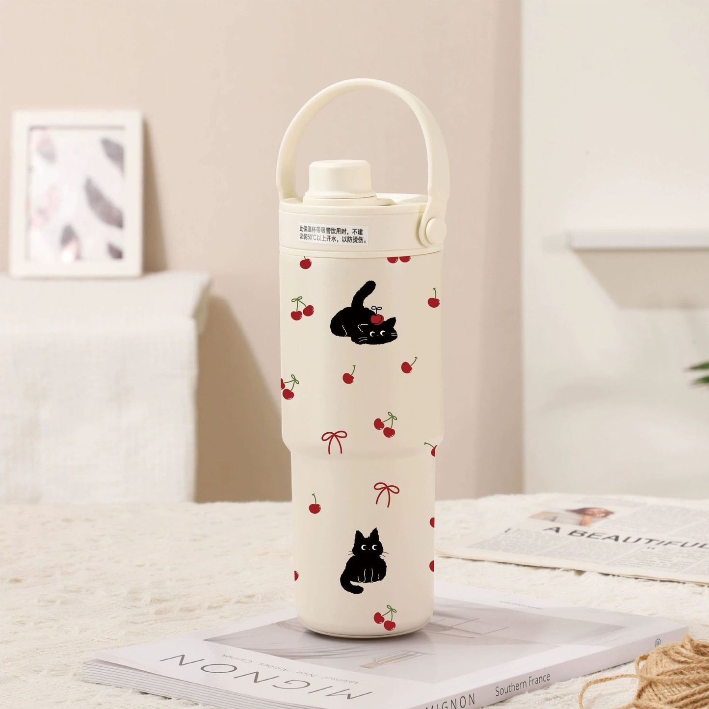White-Cherry Black Cat 30oz Ceramic-Lined Insulated Tumbler with Handle, 735ml Stainless Steel Travel Mug