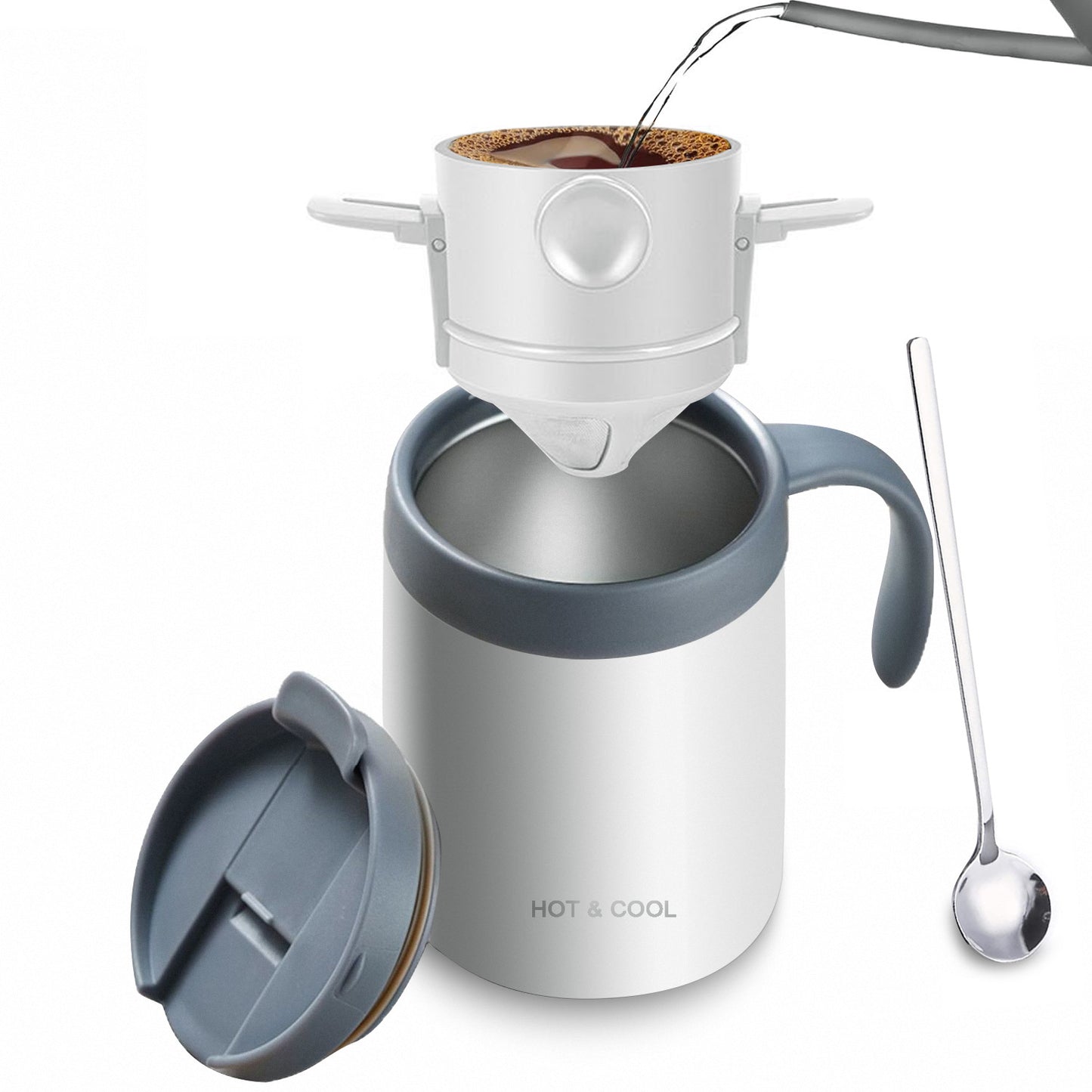 White Portable Pour Over Coffee Maker Set Stainless Steel Insulated Travel Mug with Collapsible Reusable Dripper Filter for Camping Office and Home